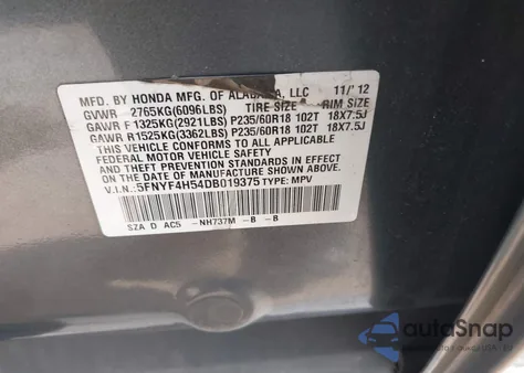 2013 Honda Pilot Ex-L from USA, damaged, VIN 5FNYF4H54DB019375